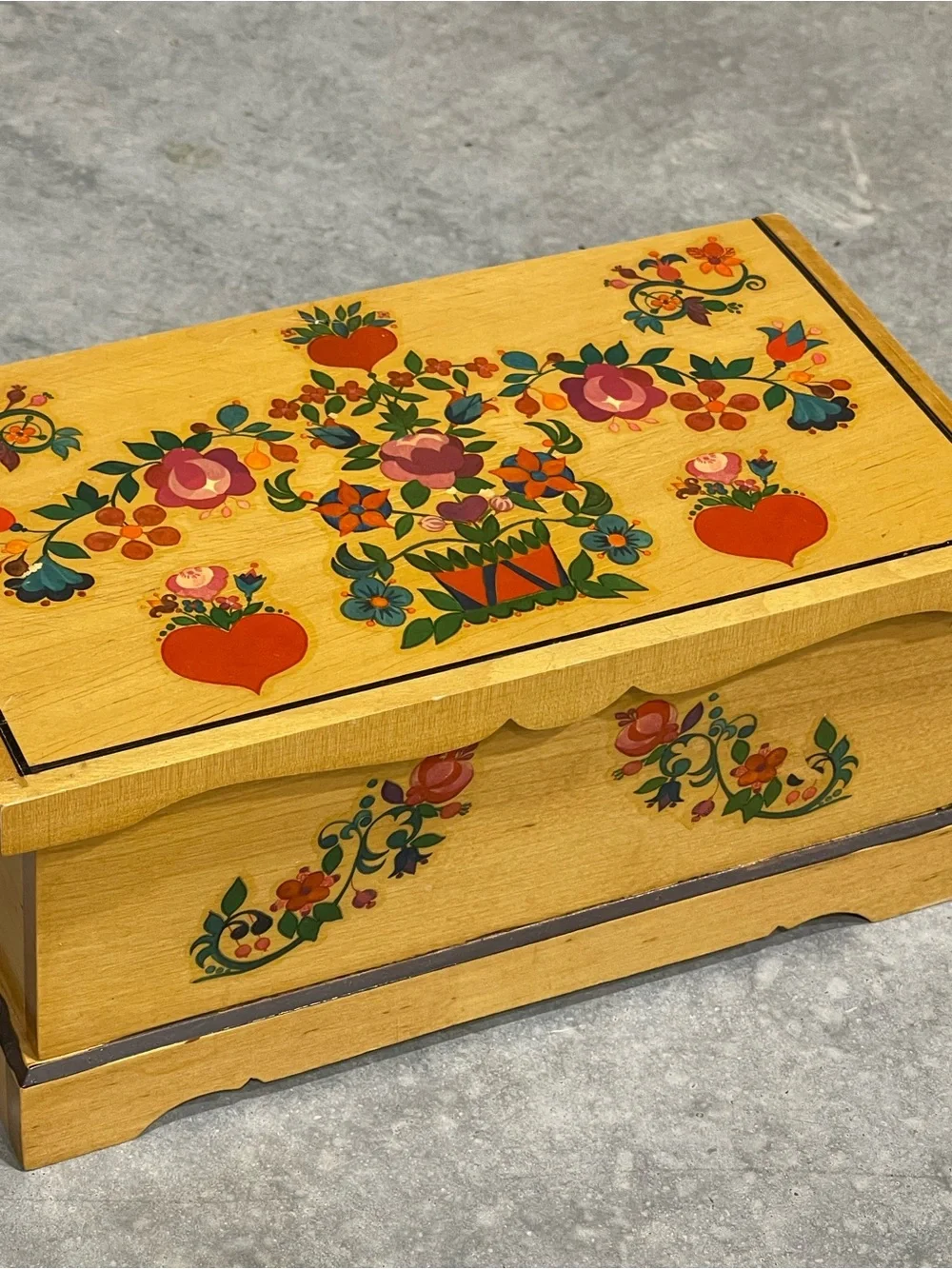 Trinket Jewelry Box- Thorens -Floral Wooden Treasure Made Switzerland*see desc.